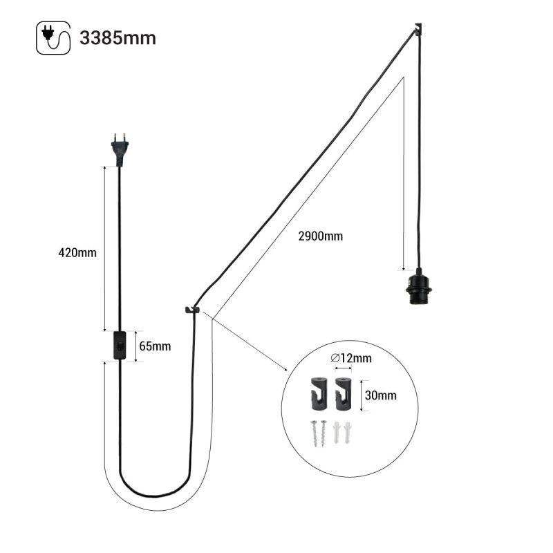 Douille E27 avec cordon noir, interrupteur et prise (CORDON LONG 3.38m) - ILLUMIAA
