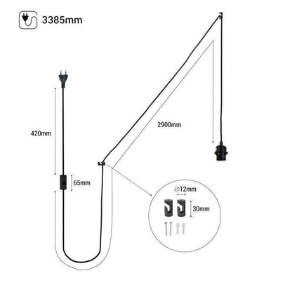 Douille E27 avec cordon noir, interrupteur et prise (CORDON LONG 3.38m) - ILLUMIAA